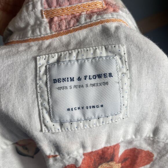 Denim & Flower Mens Small Floral Print Button Up Short Sleeve Shirt Linen Blend - Picture 8 of 11